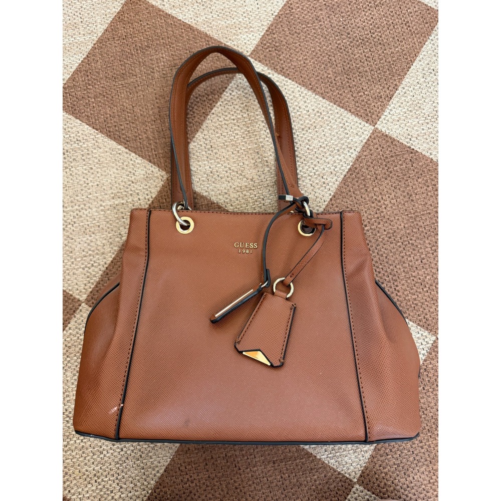Guess 1981 Brown Saffiano Faux Leather Satchel Handbag Tote Gold Hardware